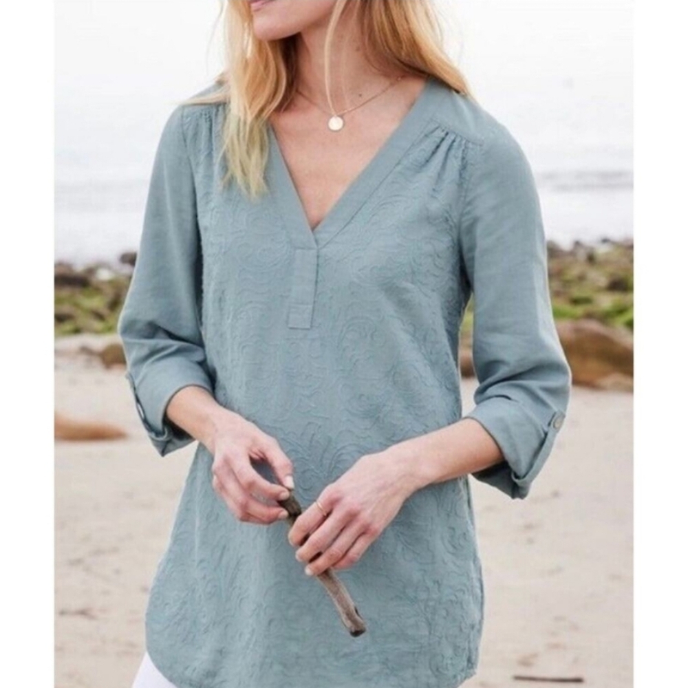Soft Surroundings Lillith Linen Embroidered Tab Sleeve V Neck Popover Tunic Top